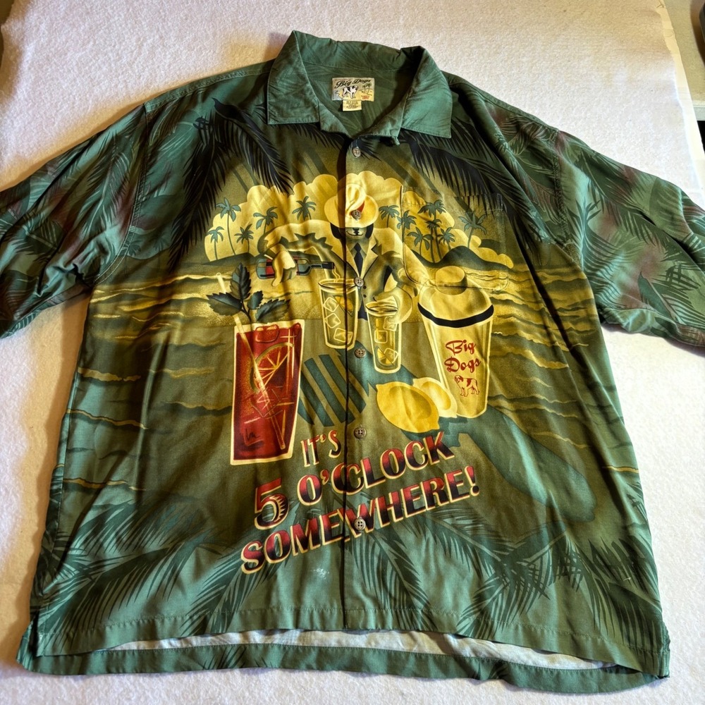 Big Dogs Hawaiian Shirt Mens Extra Large XL It's 5 O'Clock Somewhere Green‎